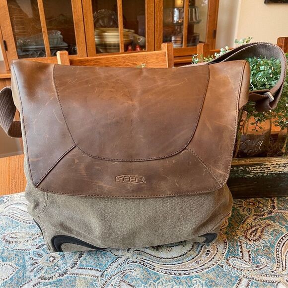 Keen Leather Canvas briefcase Laptop Messenger bag cotton tan